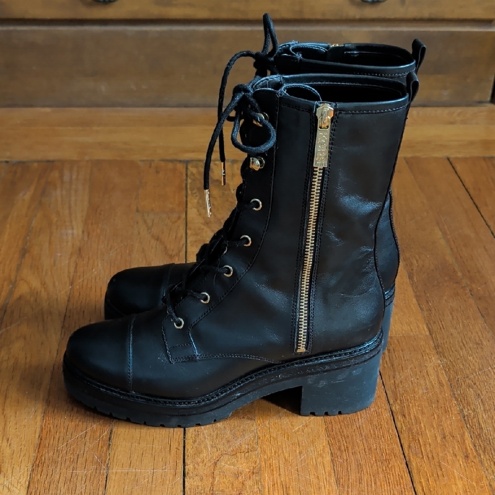 Michael Kors Black Lace-Up Platform Combat Boots with Gold Accents - Picture 2 of 10
